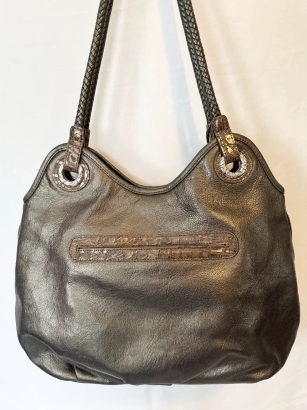 Brighton Embossed Floral Leather Bronze Metallic Tassel Shoulder Bag